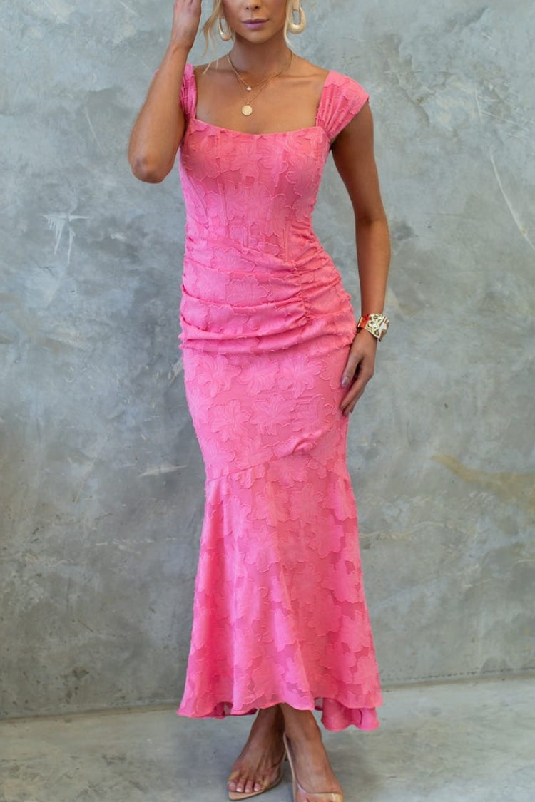 Unreal Beauty Floral Textured Material Ruched Fishtail Maxi Dress