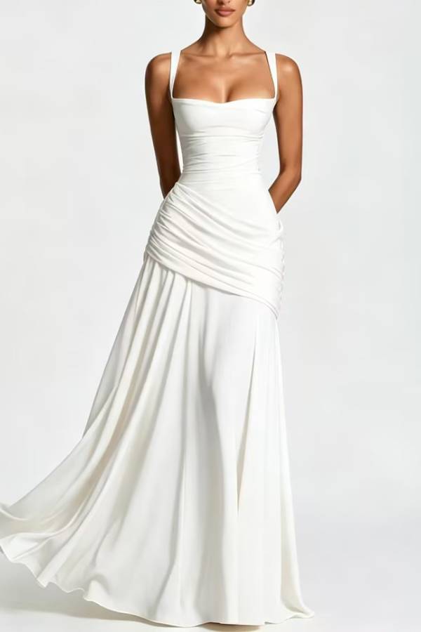 Square Neck Cross Ruched Waist Chiffon Evening Gown