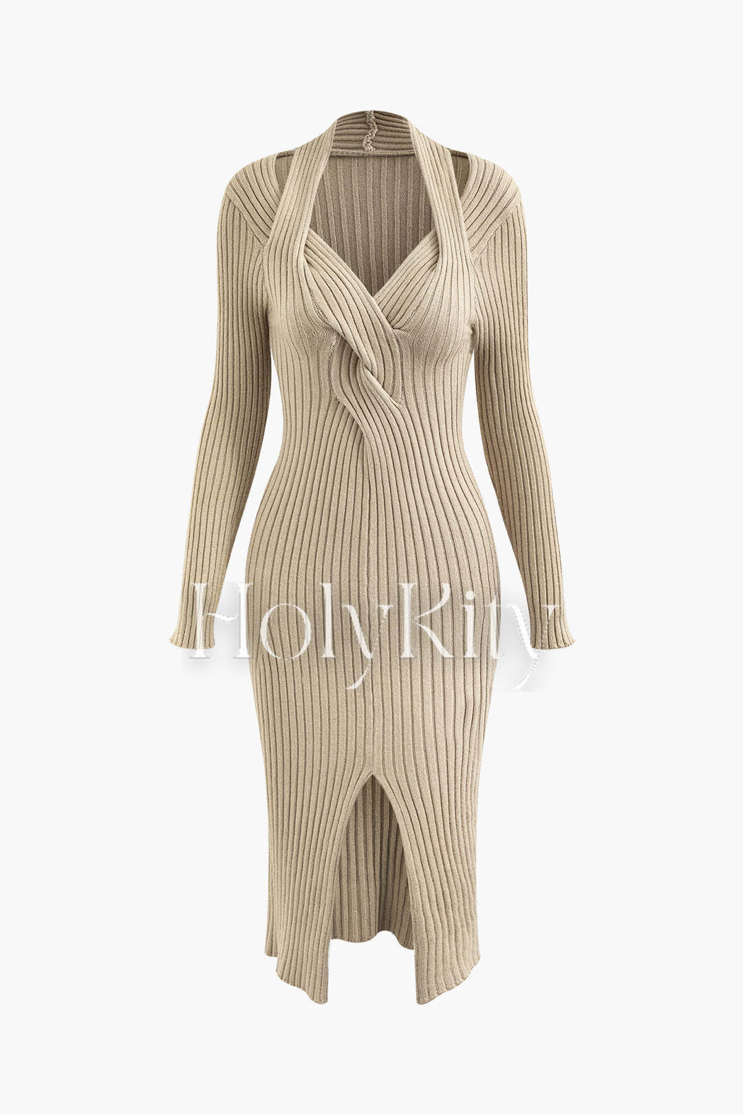 V-neck Rib Knit Slit Midi Dress