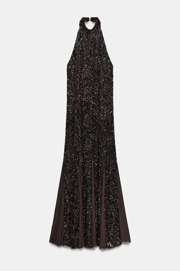 Twilight Gleam Sequin Textured Tulle Hem Halter Backless Maxi Dress