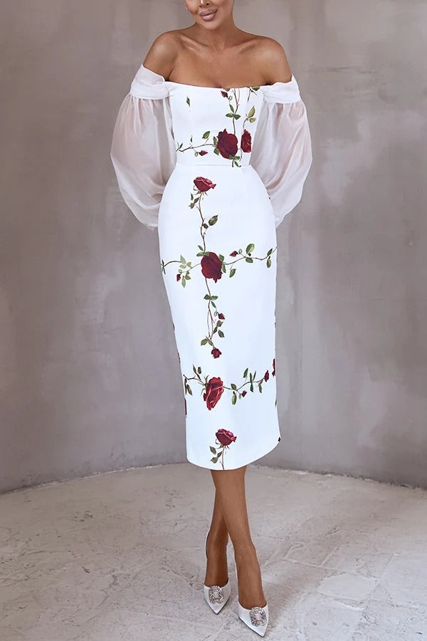 Ellie Rose Print Tulle Lantern Sleeves Off Shoulder Pencil Midi Dress