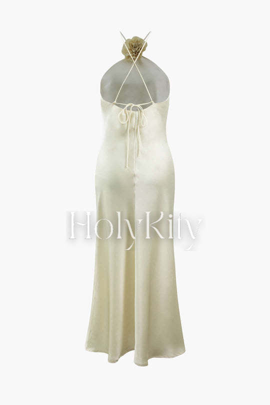 Rose Corsage Satin Halter Maxi Dress