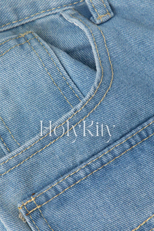 Denim Ripped Flap Pocket Cargo Pants