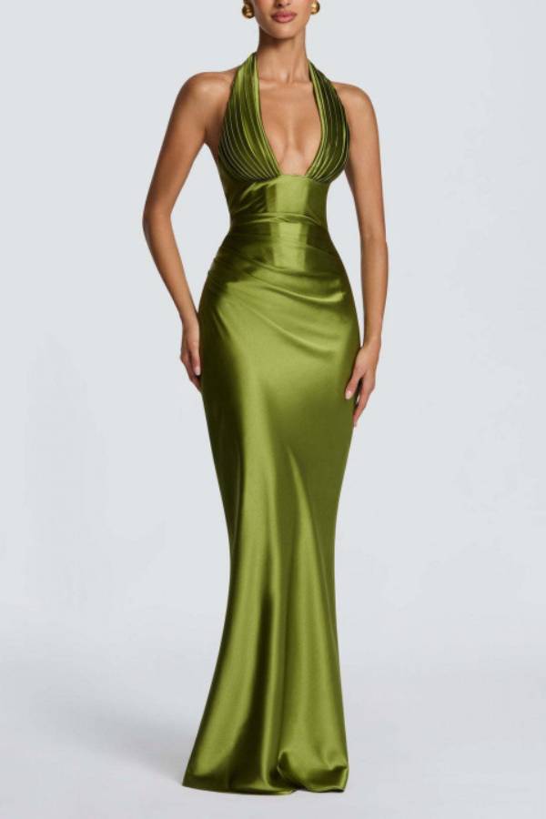 Halter Deep‑V Satin Ruched Mermaid Evening Gown