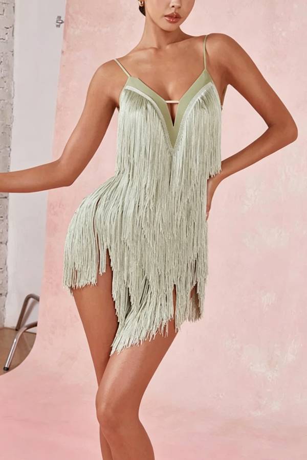 Dancing Sprite V-neck Tiered Tassels Backless Slip Latin Mini Dress