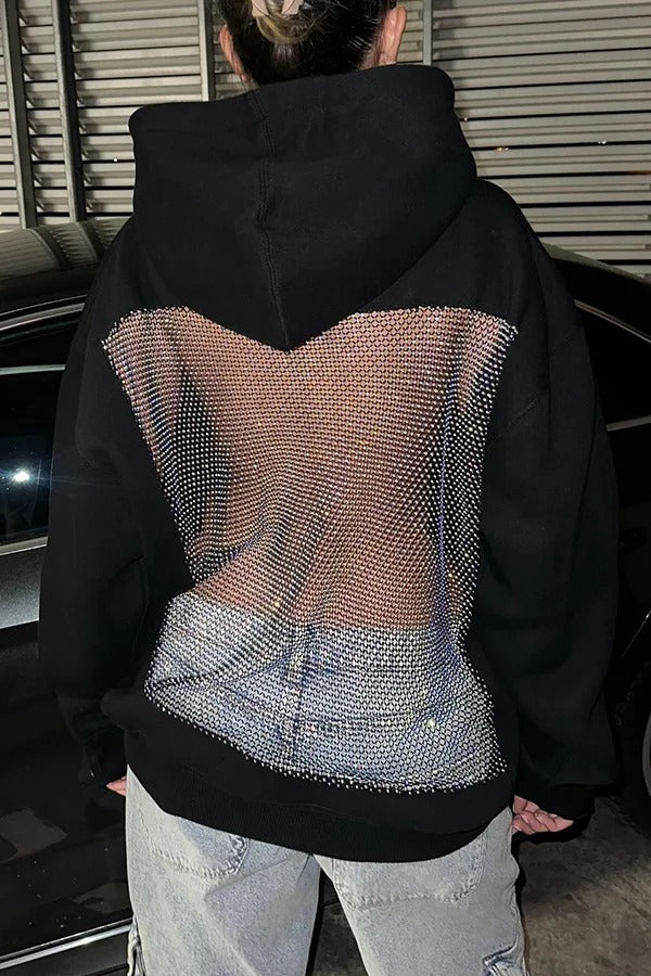 Fashionable Shiny Mesh Hollow Back Loose Long-sleeved Hooded Sweatshirt