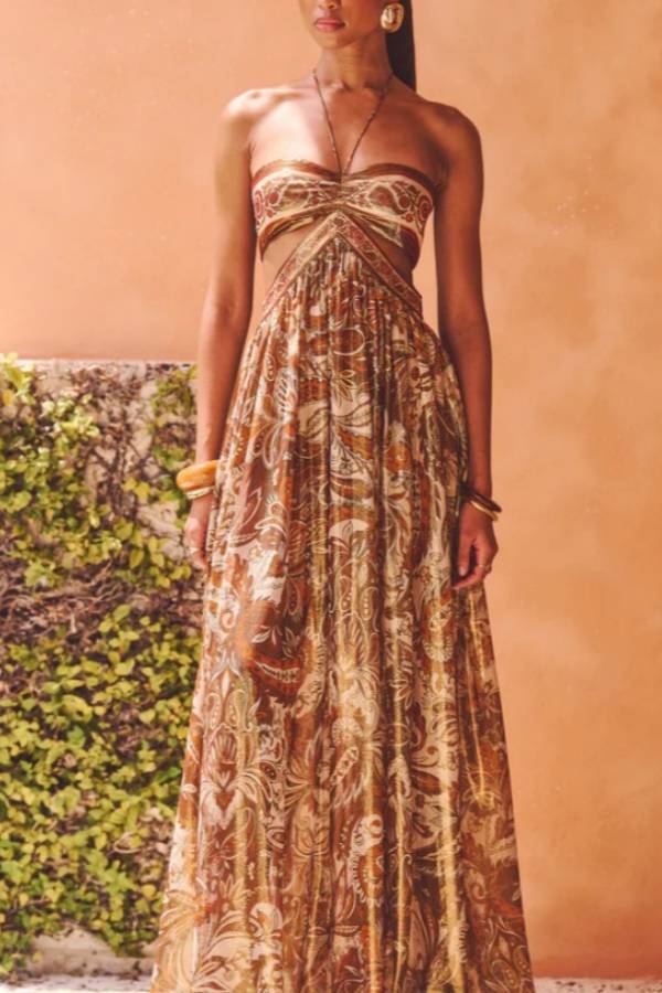 Paisley Print Halter Cutout Metallic Evening Maxi Dress