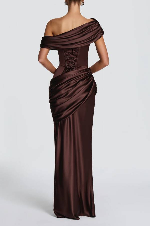 Ella Satin Detachable Asymmetric Off Shoulder Drape Panel Back Lace-up Maxi Dress