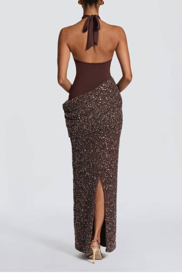 Solea Stretch Jersey Ruched Sequin Embellished Hem Adjustable Halter Maxi Dress