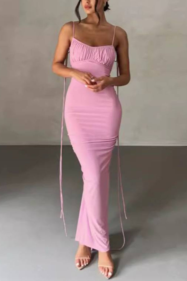 Spaghetti Strap Ruched Open Back Tie Maxi Dress