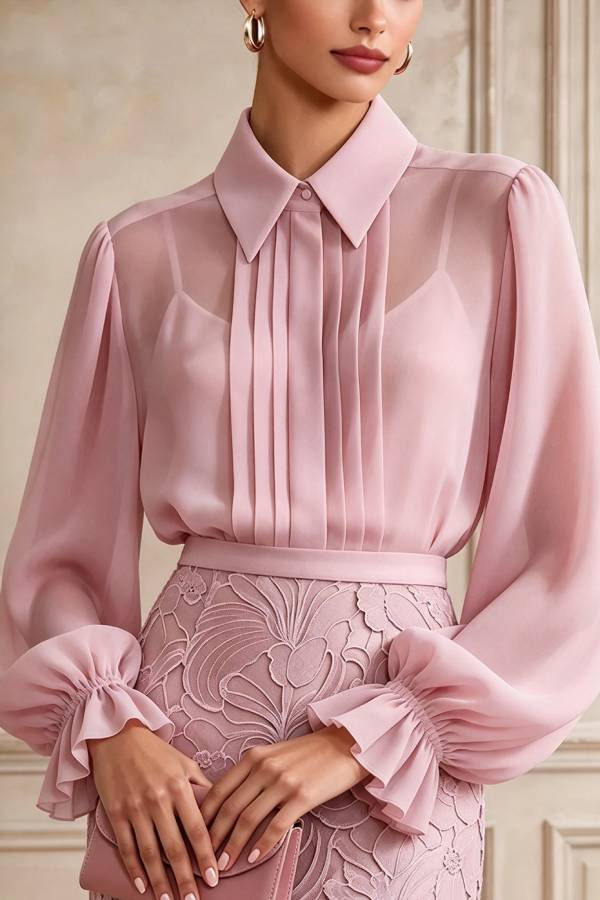 Becka Chiffon Pleated Lantern Sleeve Blouse and High Rise Embroidered Floral Pencil Skirt Set