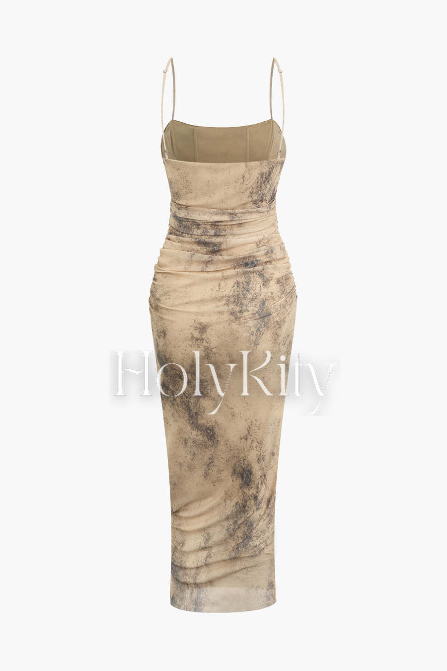 Abstract Print Ruched Mesh Cami Midi Dress