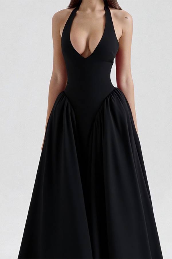 Halter Deep V Bodycon Panel Full Skirt Midi Dress