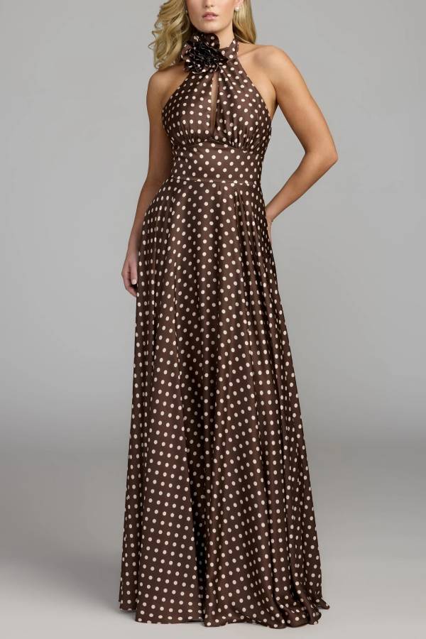 Brown halter-neck maxi dress with polka dots and 3D floral details