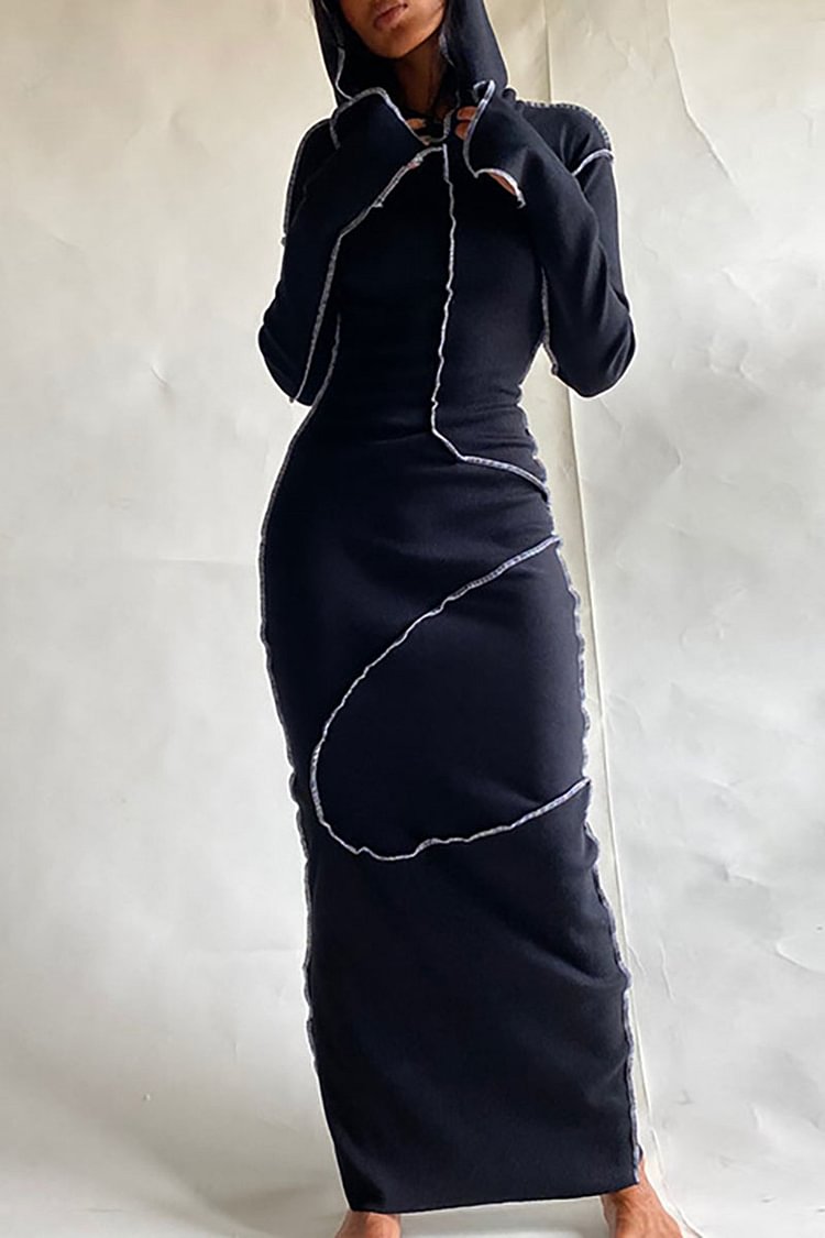 ROBES MAXI À CAPUCHE ET MANCHES LONGUES AVEC SURPIQÛRES