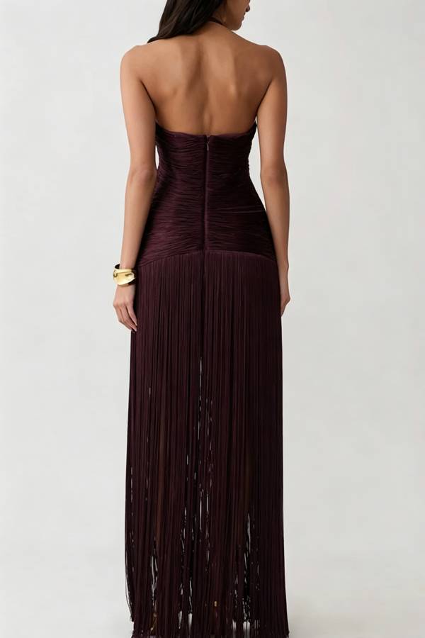 Rhythmic Aesthetic Appeal Tassel Helter V-neck Sleeveless Drape Hem Maxi Dress