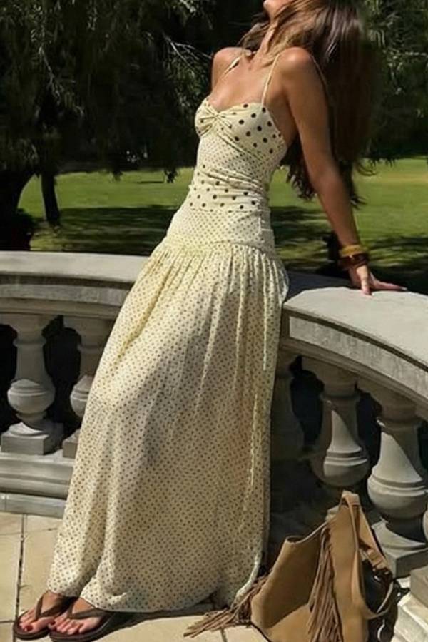 Retro Polka Dot Halter Neck Bustier Maxi Dress