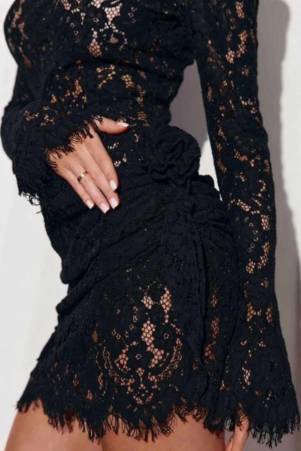High Neck Long Sleeve Floral Lace Ruched Bodycon Cocktail Mini Dress