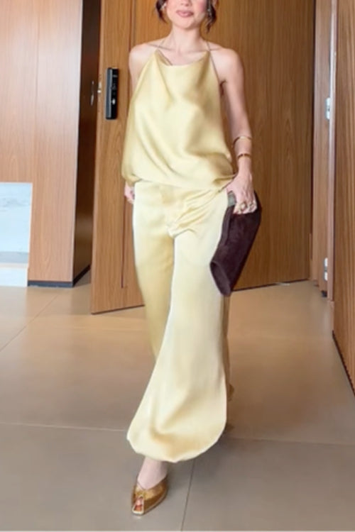 Sleeveless Open Back Top and Balloon Pants Satin Set