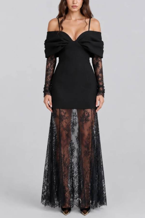 Women Black Cold Shoulder Bow Mini Dress and Sheer Lace Maxi Skirt Two Piece Set