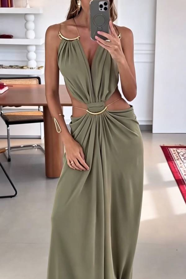 Metal Ring Deep V Cutout Waist Draped Maxi Vacation Party Dress