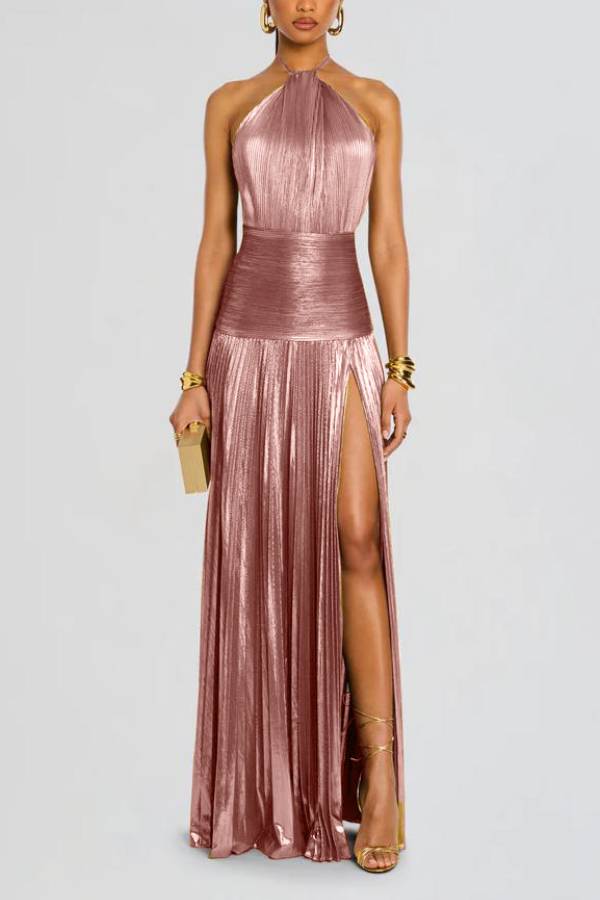 Shiny halter neck high slit long dress