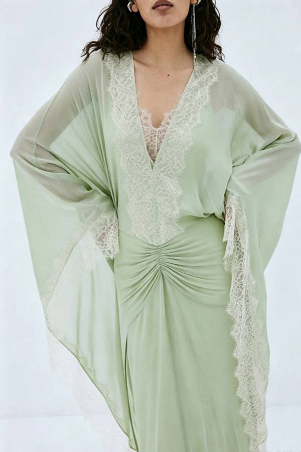 Evita Georgette Lace Trim Kaftan-style Sleeve Ruched Hip Maxi Dress
