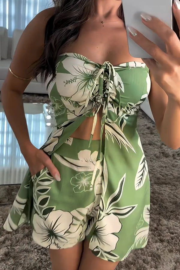 Floral Print Sexy Bandeau Drawstring Top and Elastic Waist Pocket Shorts Set