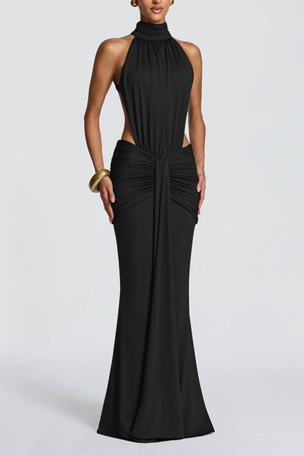 High Neck Halter Cutout Ruched Mermaid Evening Gown