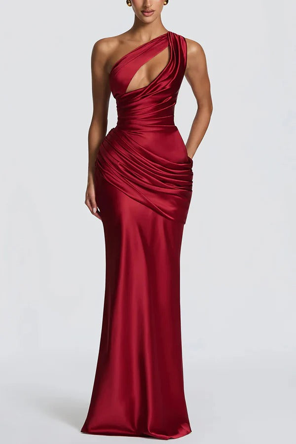 Emina Satin One Shoulder Asymmetrical Neck Cutout Back Lace-up Drape Maxi Dress