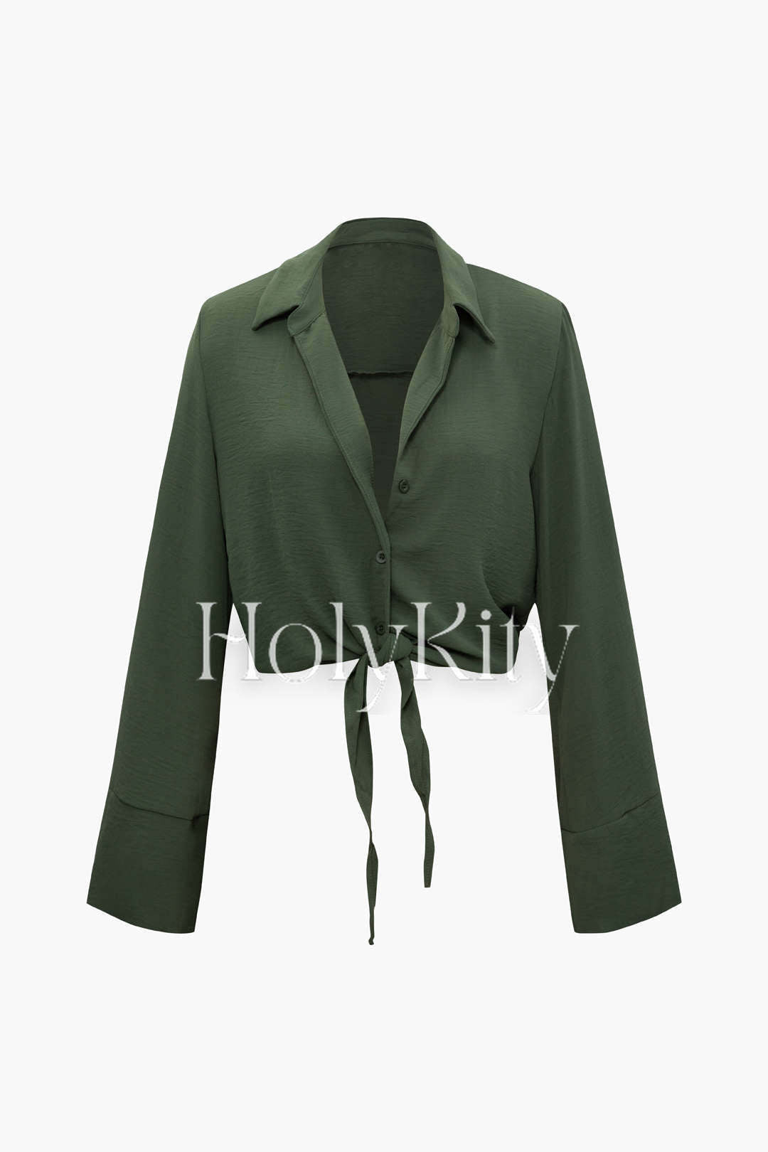 Collar Button Knot Hem Long Sleeve Shirt