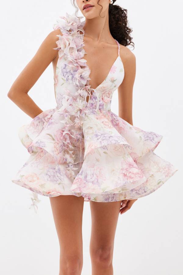 One-Shoulder 3D Floral Print Tiered Mini Dress