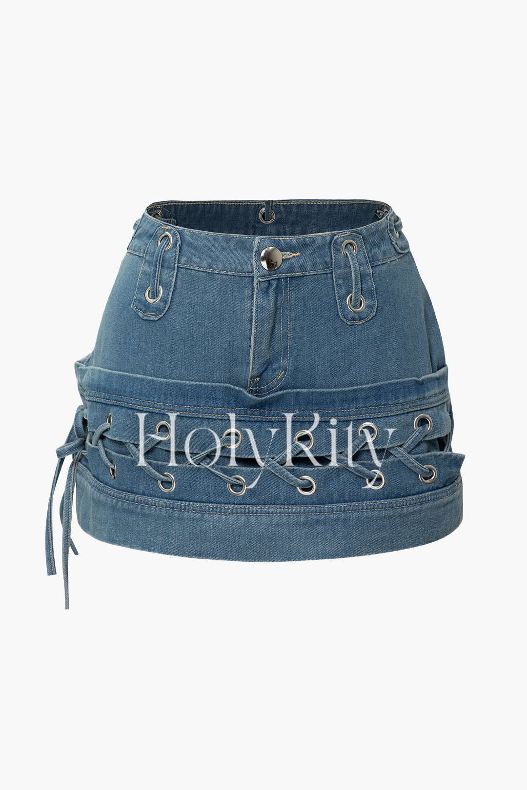 Eyelet Tie Denim Mini Skirt