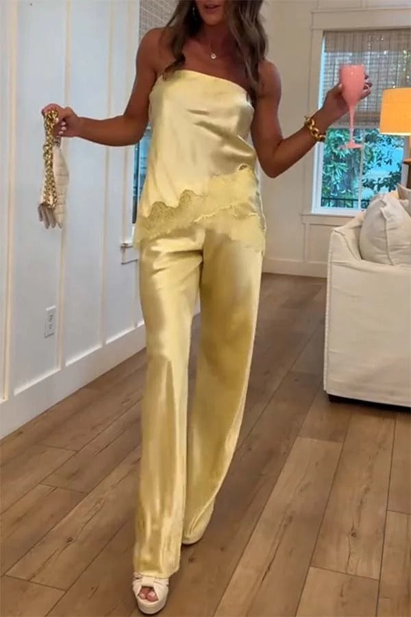 Odessa Satin Floral Lace Hem Strapless Tank and Mid Rise Wide Leg Pants Set