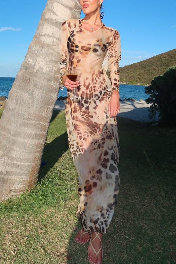 Leopard Print Sheer Mesh Open Back Maxi Dress