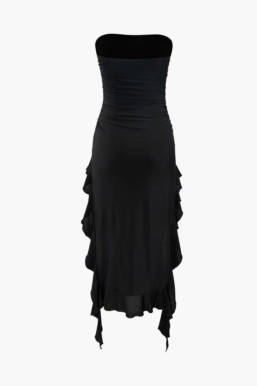 Trägerloses Midikleid mit Rüschensaum und Schlitz