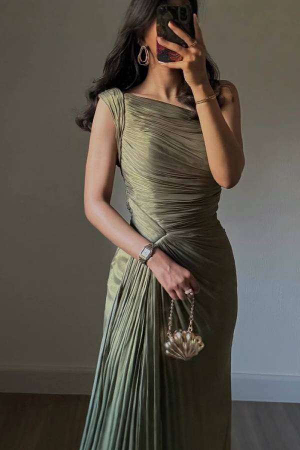 Olive green one-shoulder pleated high slit dress