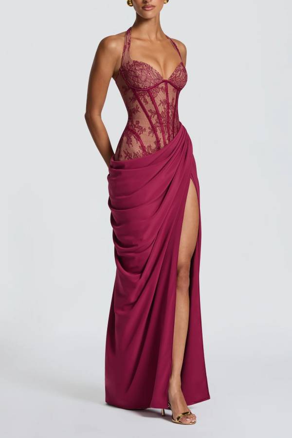 Bonita Floral Lace Contrast Structural Detail Asymmetrical Pleats Halter Slit Maxi Dress