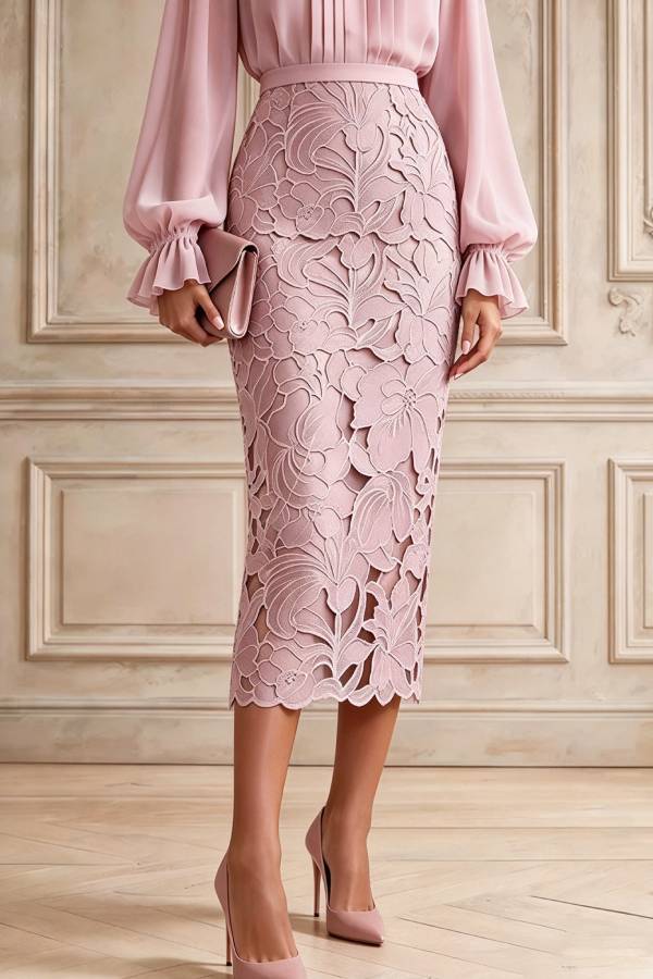Becka Chiffon Pleated Lantern Sleeve Blouse and High Rise Embroidered Floral Pencil Skirt Set