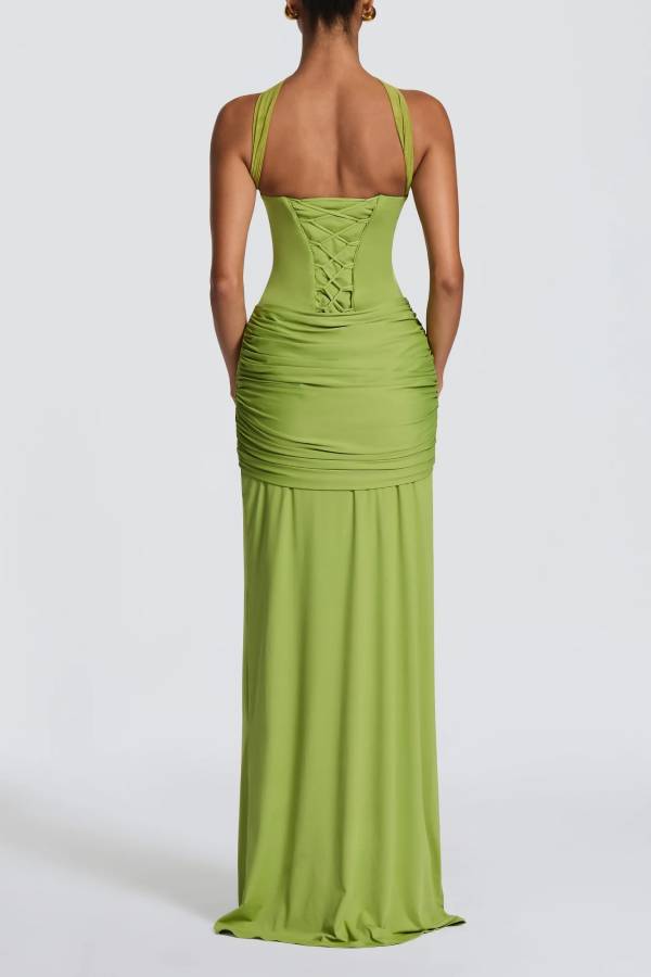Gia Jersey Sweetheart Neck Detachable Mesh Halter Strap Draped Hem Maxi Dress