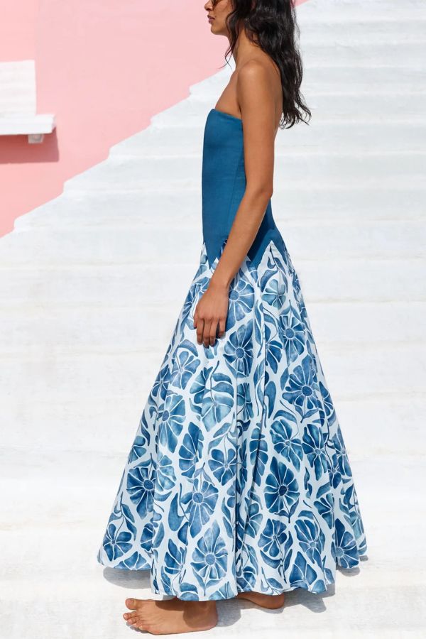 Dottie Colorblock Floral Print Drop Waist Gathered Strapless Maxi Dress