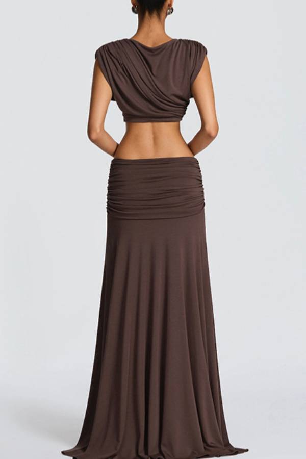 Wrap-around Crop Top + High-Waisted Pleated Skirt Set
