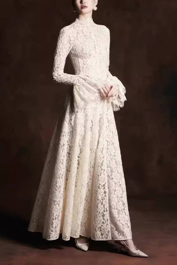 High Neck Flare‑Sleeve Lace Long Evening Dress