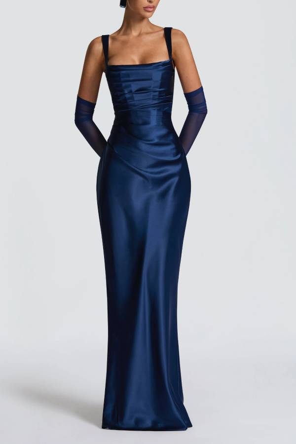 Square Neck Wide Strap Satin Ruched Mermaid Long Evening Dress