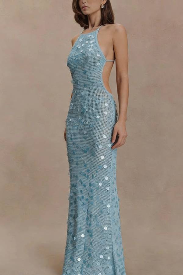 All Shimmer Knit Crochet Sequin Open Back Lace-up Vacation Maxi Dress