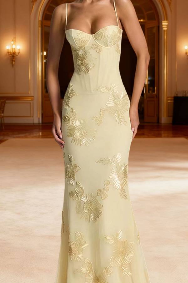 3D Floral Embroidered Lace-Up Backless Mermaid Evening Gown