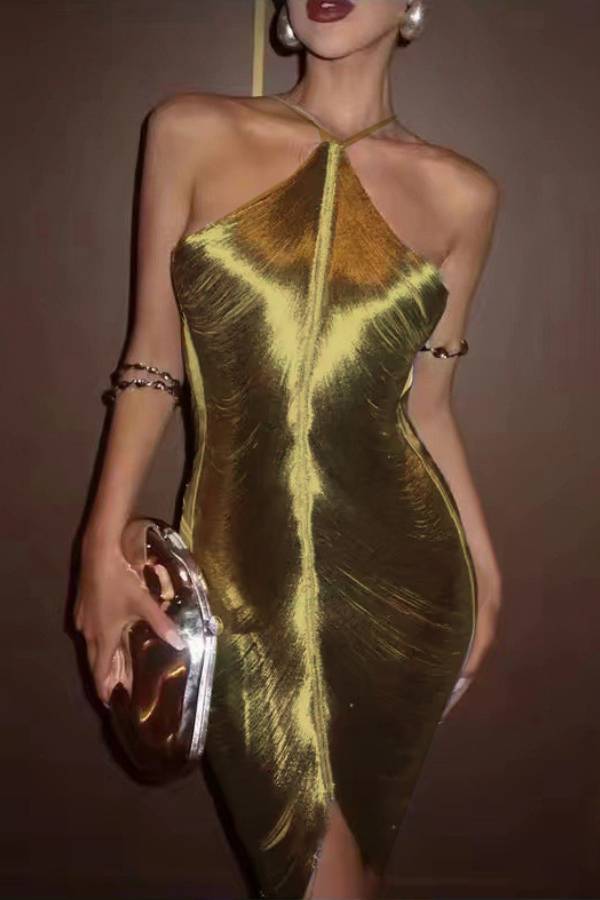 Metallic Shine Halter Bodycon Slit Party Mini Dress