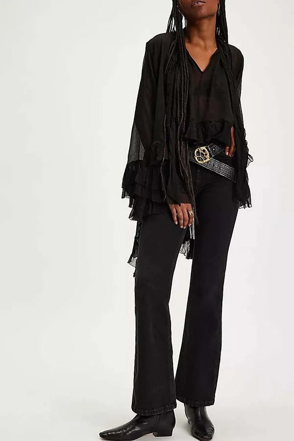 Flowy See-through Ruffle Tie-up Neck Bell Sleeve High-low Hem Cape Shirt