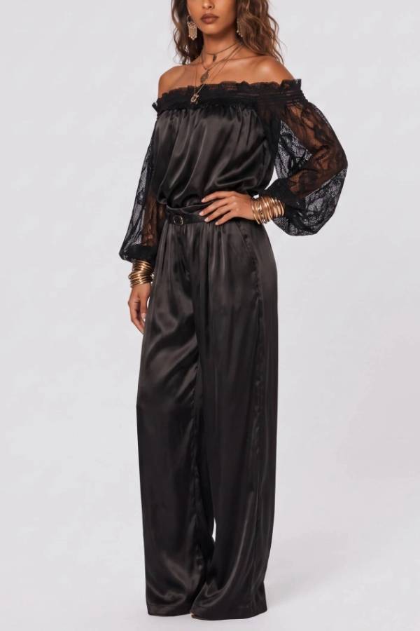 Elegant Satin Shoulder Lace Stitching Sleeve Top Wide Leg Pants Set
