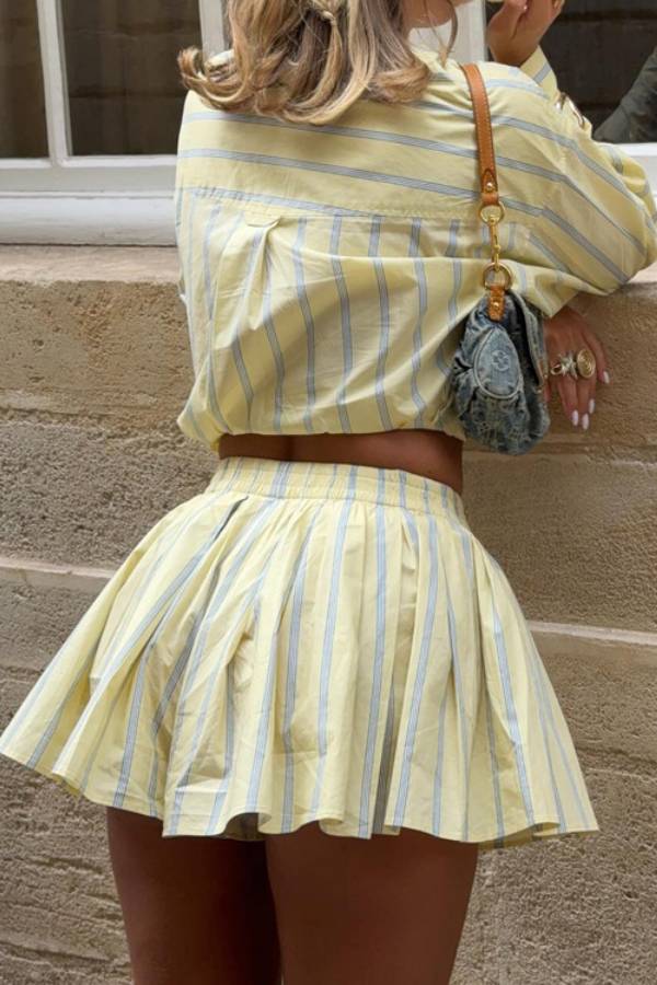 Yellow & Blue Striped Cropped Shirt + High-Waisted A-Line Skirt Set